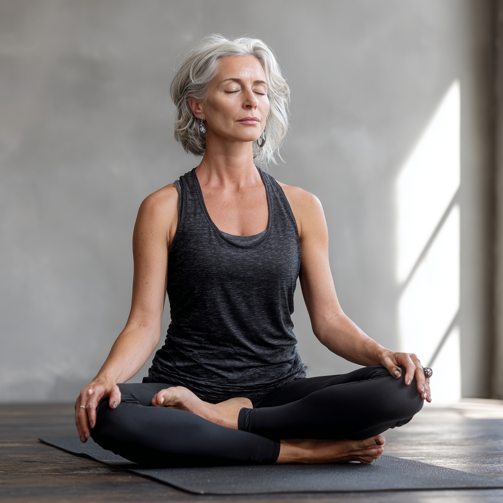 Middle-aged woman practicing mindful yoga poses on a mat in a calm studio environment