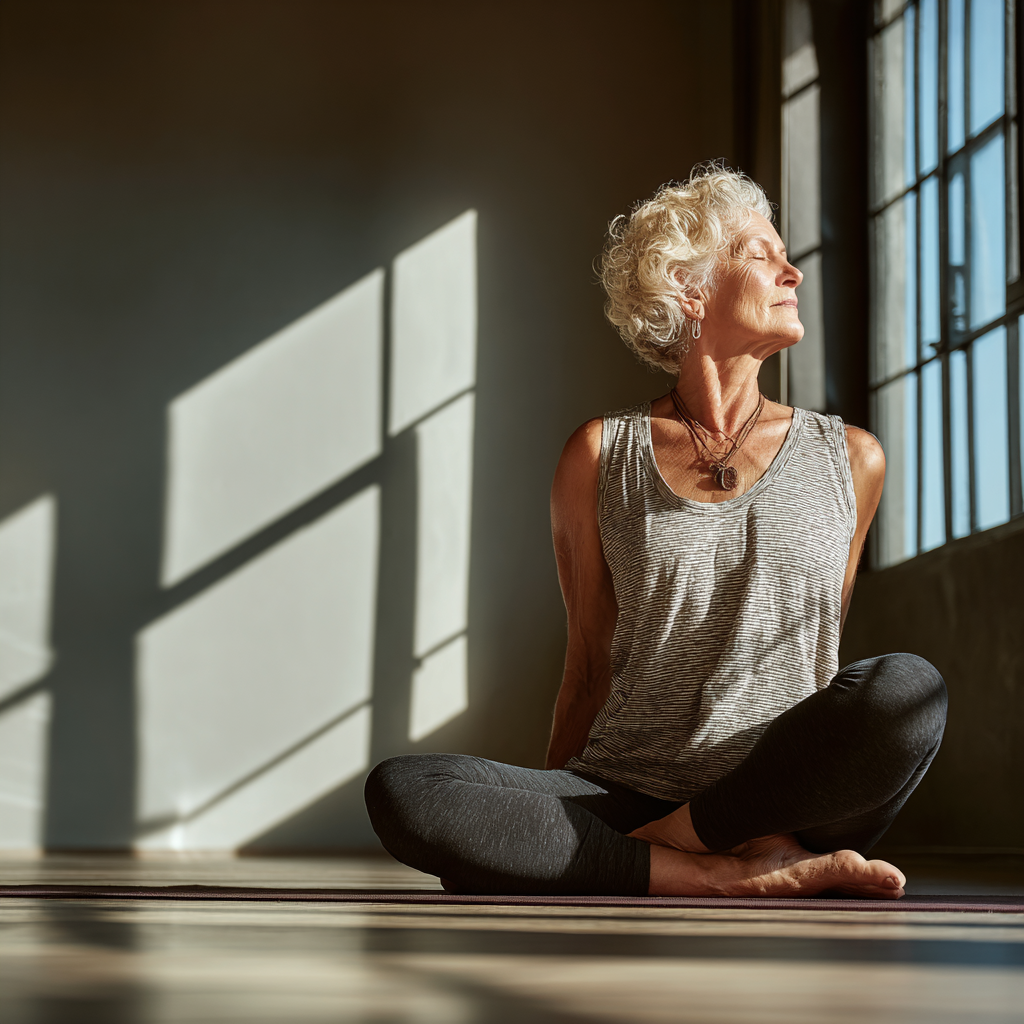 Older adult performing gentle stretching exercises in a peaceful yoga studio with natural light